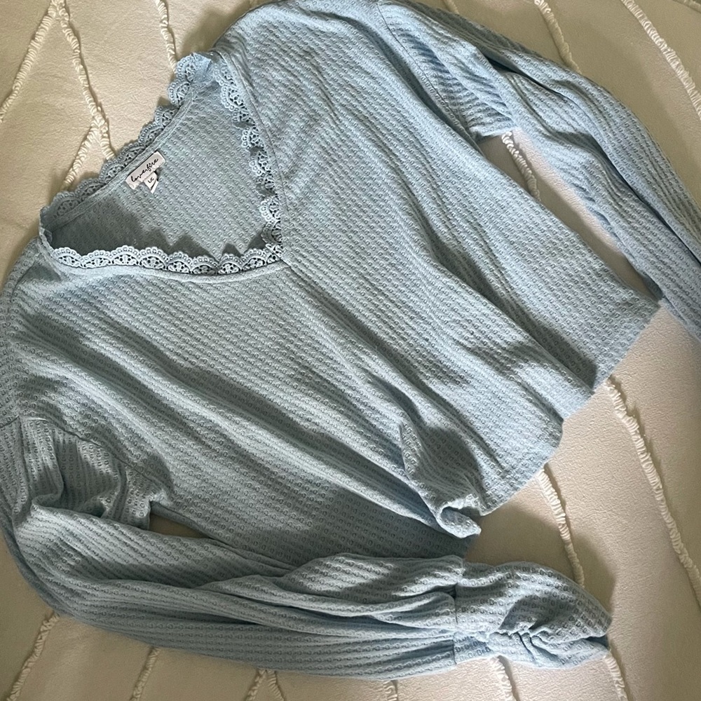 Waffle-Knit V-Neck Long Sleeve